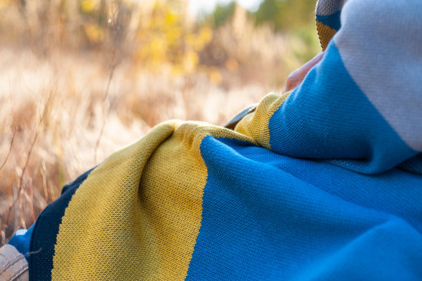 女人的身体裹着彩色的毯子，在秋天的森林里有枯黄的草，阳光灿烂的日子里图片下载