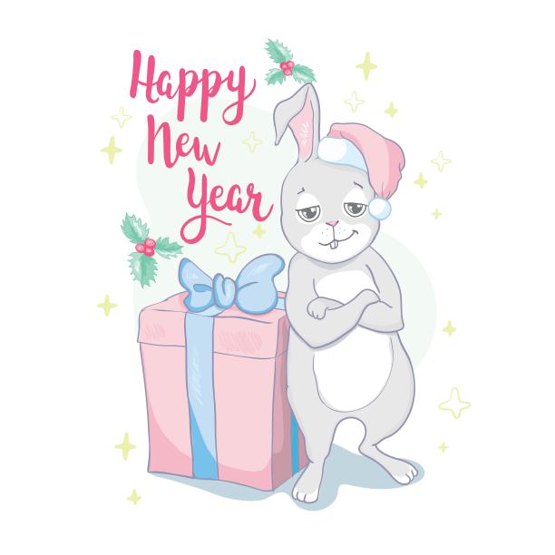 可爱的兔子卡片。圣诞老人帽子兔子矢量插图。新年广场的横幅上挂着微笑的小兔。寒假包装设计。平森林的动物。图片下载