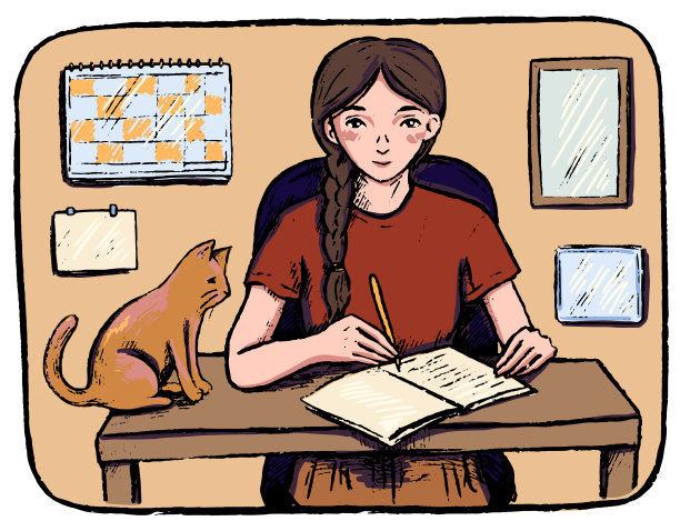 手绘矢量插图。素描的学生漂亮的年轻女孩。《女学生》用猫写作。学习,工作,记录。彩色卡通图形图片孤立在白色。的雕刻风格。图片下载