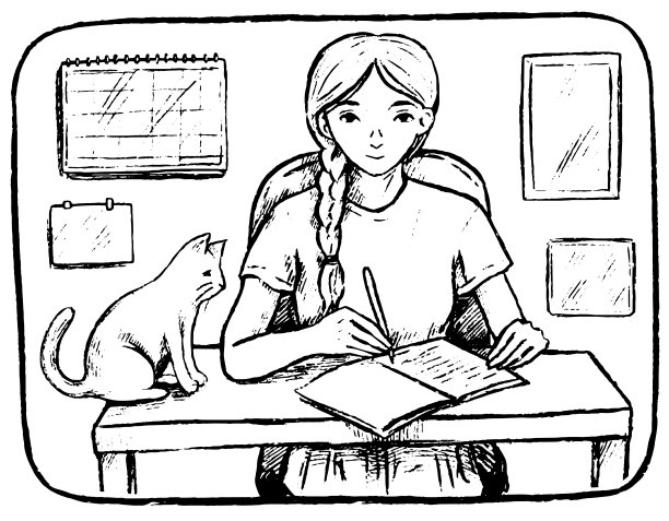 手绘矢量插图。素描的学生漂亮的年轻女孩。女学生用猫写字。学习,工作,记录。单色轮廓图形图片孤立在白色。的雕刻风格。图片下载