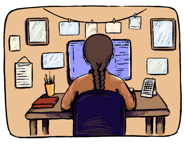 手绘复古矢量插图。从后面看坐在舒适的工作场所的女孩。电脑上的学生素描。学习、工作、自由职业的概念。彩色图片孤立在白色。图片下载