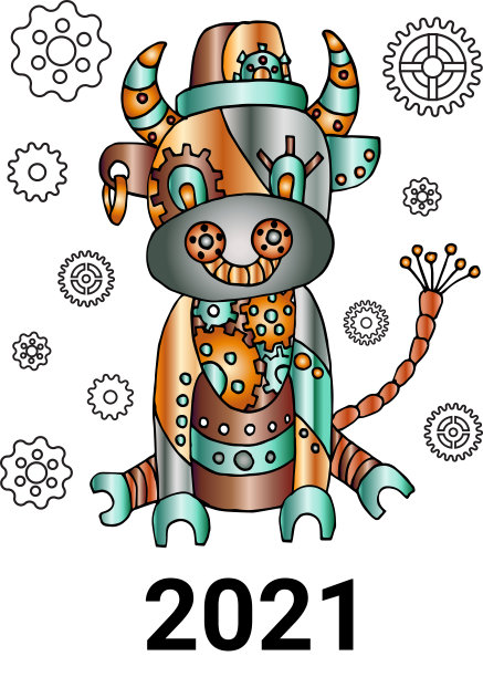 可爱的金属牛周围的齿轮，中国的生肖新年2021。蒸汽朋克风格的Oxl。东方星座的标志。矢量插图的l日历封面，设计，装饰。图片下载