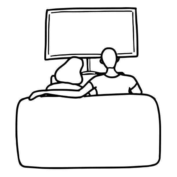 手绘矢量插图。一对恩爱的夫妇正坐在家里看电视。家庭消遣和放松的概念。黑色轮廓图形图片孤立在白色。涂鸦，平面，简单的风格。图片下载