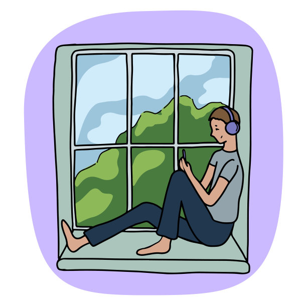 手绘矢量插图。男孩坐在窗台上戴着耳机听音乐。在家休息和娱乐。彩色卡通图片孤立在白色。涂鸦，平面，简单的风格。图片下载