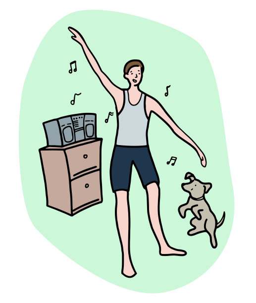 手绘矢量插图。一个男人在家随着音乐跳舞旁边的狗。家庭娱乐。内向的人的概念。彩色卡通图形图片孤立在白色。涂鸦，平面，简单的风格图片下载