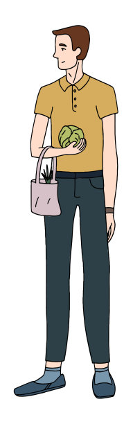 手绘矢量插图。年轻人手里拿着购物袋站着。涂鸦的人在一个休闲的风格在茁壮成长。彩色卡通图画孤立在白色。平的,简单的图片图片下载