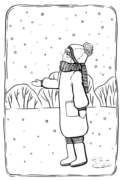 素描风格，图形矢量插图。小女孩在一场雪中行走。黑色轮廓画孤立在白色。冬天的假期。快乐的童年。海报、印刷品、明信片、衬衫等设计图片下载