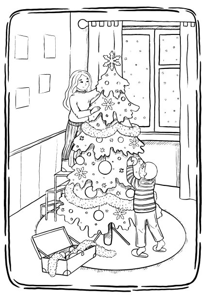 素描风格，图形矢量插图。Ð孩子装饰圣诞树。冬天的假期。快乐的童年。轮廓图孤立在白色上。海报、印刷、明信片、t恤等设计。图片下载