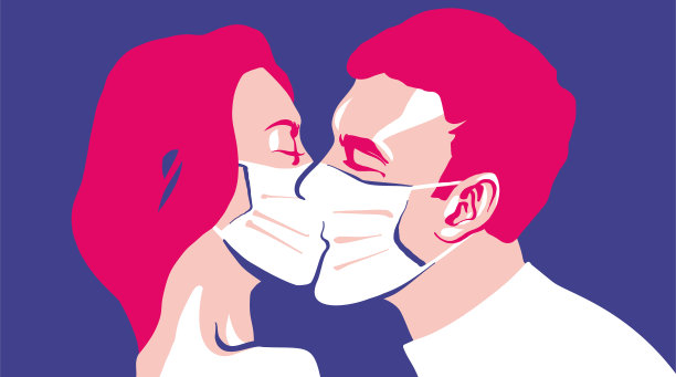 带着医用口罩接吻。冠状病毒感染。新型冠状病毒肺炎图片下载