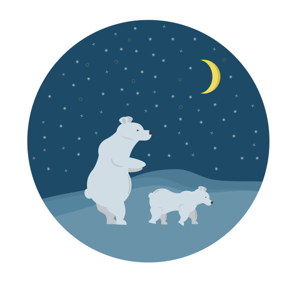 北极熊妈妈，夜晚的天空和月亮图片下载