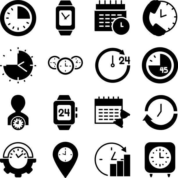 电话符号和时钟时间图标设置剪影图片下载