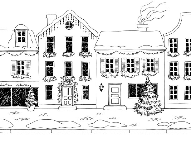 圣诞街房子外部冬天图形黑白景观素描插图向量图片下载