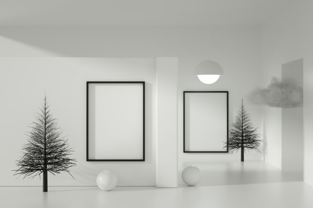 3D圣诞树和空框架在白色客厅图片下载