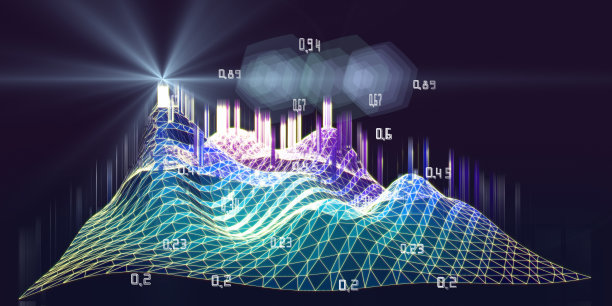 利用线框波状网格算法提取背景，分析模糊线的数据。大数据。量子密码学的概念。数据分析算法。商业、科技旗帜。图片下载