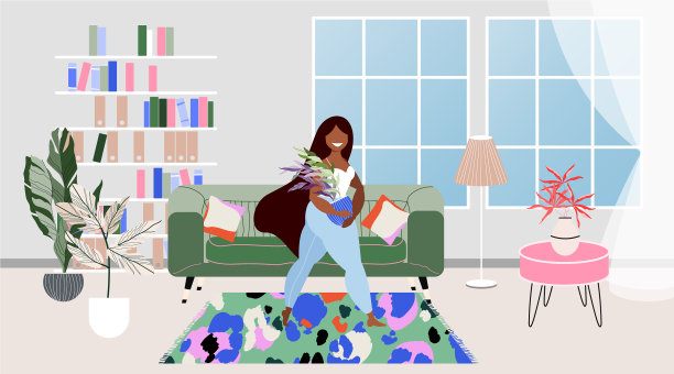 女设计师在一个时髦的公寓手绘图片下载