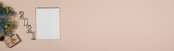 新年照片记事本的条目和数字2021在米色的背景和一个地方的文本横幅。明年的牛市计划图片下载