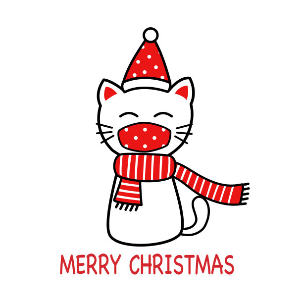 可爱的猫戴着圣诞老人帽和医用面具在白色的背景线艺术设计。圣诞快乐卡通概念矢量插图。假期。图片下载