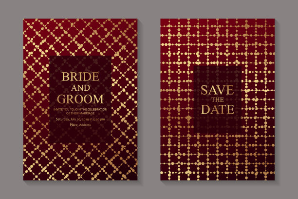 红色背景上金光闪闪的婚礼请柬。图片下载