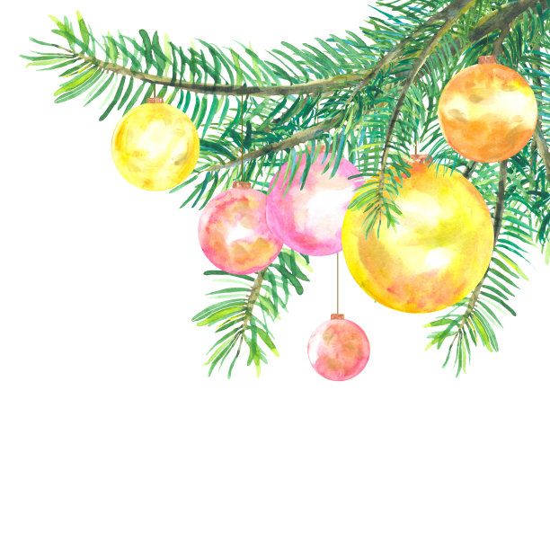 孤立的白色背景明亮的水彩圣诞球与金色的闪光挂在杉树树枝图片下载