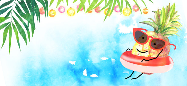 在热带的冬季假期的概念形象，快乐的菠萝在太阳镜漂浮在充气环和闪亮的照明悬挂在棕榈叶图片下载