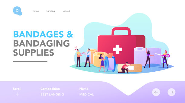 病人着陆页面模板的医疗绷带。医院包扎手的护士或医生，医务人员图片下载