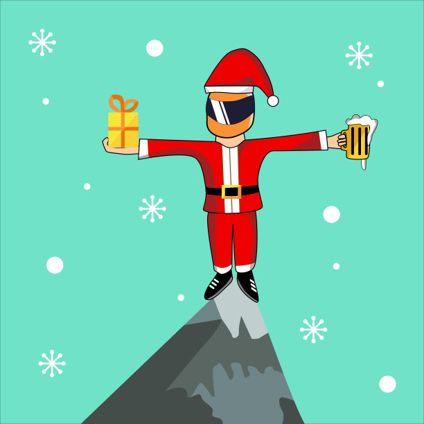 一个骑摩托车的人穿着圣诞老人的衣服，戴着头盔站在山顶的悬崖边上。工作还是喝啤酒的概念。图片下载