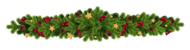 圣诞现实向量模板，圣诞树枝，白色礼盒与金色丝带，锥形，藤条和新年球，冬青浆果与现代trebdy圣诞快乐的字母。图片下载