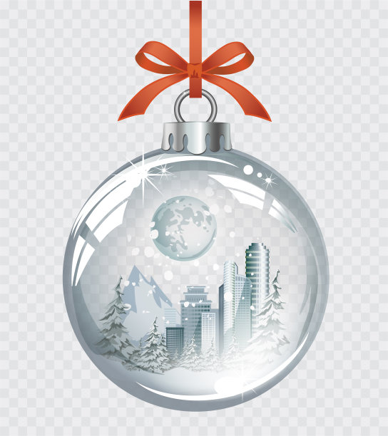 矢量现实透明银色圣诞球与冬季城市，雪和月亮图片下载