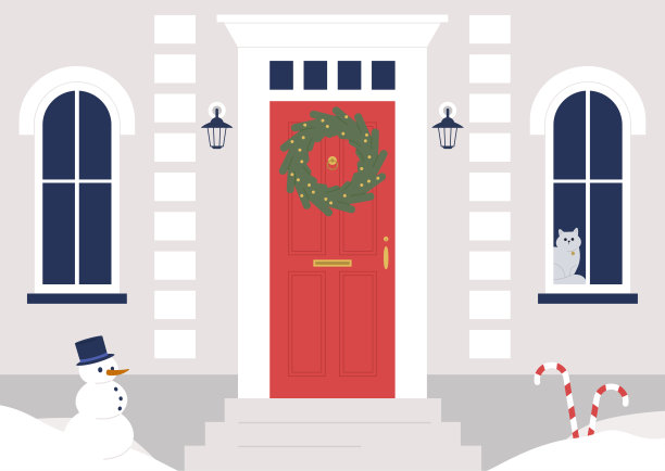 一个装饰过的建筑入口，一个圣诞花环挂在门上，寒假图片下载