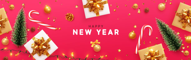 新年快乐的横幅，圣诞闪闪发光的灯，花环，礼品盒和金箔。横向圣诞海报，贺卡，标题，网站。从上面观察的物体。平躺，俯视图图片下载