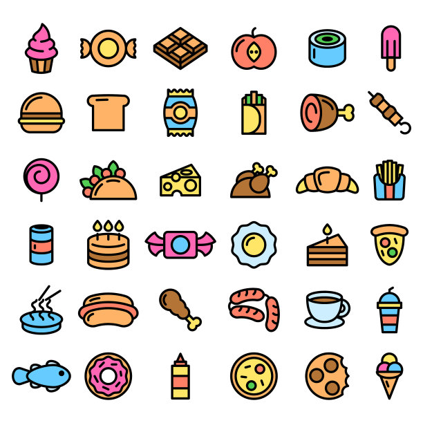 集合抽象涂鸦元素手绘集合快餐披萨汉堡快餐饮料牛角面包草图矢量设计风格背景菜单插图图标图片下载
