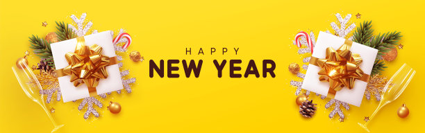新年快乐横幅，圣诞礼物盒和雪花闪闪发光的装饰品，玻璃杯香槟。横向圣诞海报，贺卡，标题，网站。从上面观察的物体。平躺，俯视图图片下载