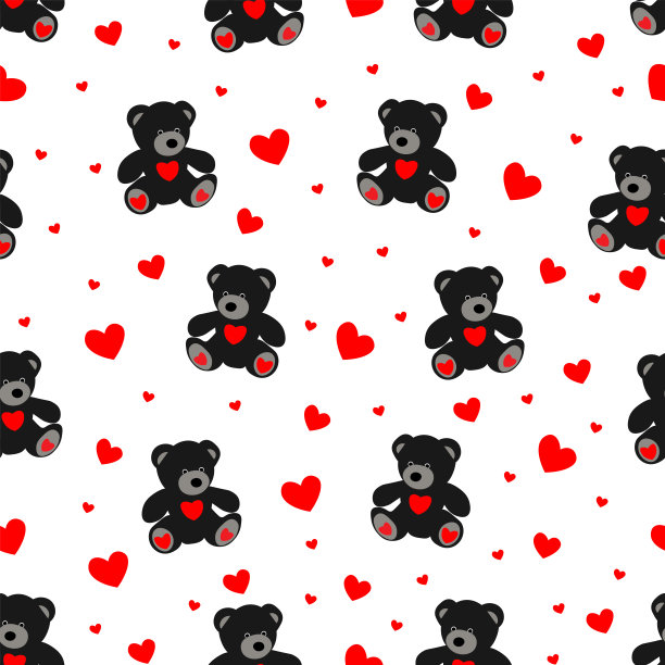 深棕色的熊，在白色的背景上有无缝的心形图案。可爱的小动物和红心。适合纺织印花，儿童设计，装饰，包装。情人节的背景。图片下载