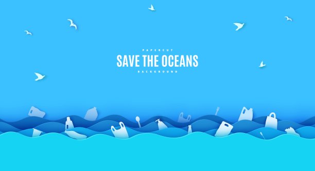 停止海洋塑料污染旗帜设计模板剪纸风格。向量图片下载
