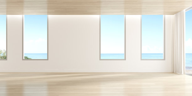 3d渲染的空房间与木地板和大型素色墙在海上背景。图片下载
