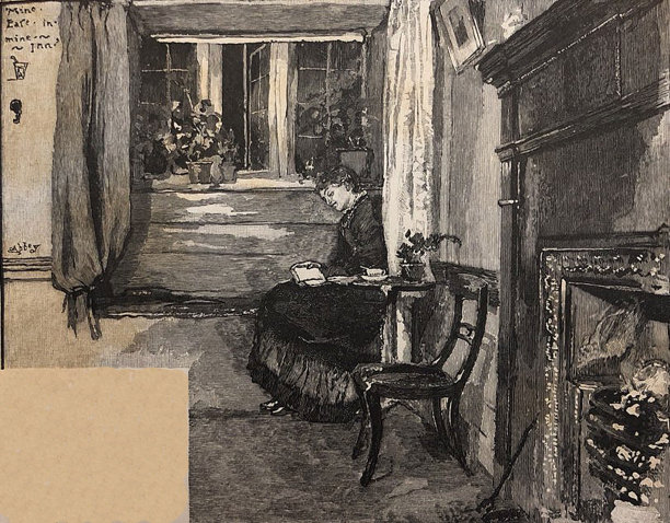 古董插图——一个女人坐在窗边的座位上看书——旁边是壁炉图片下载