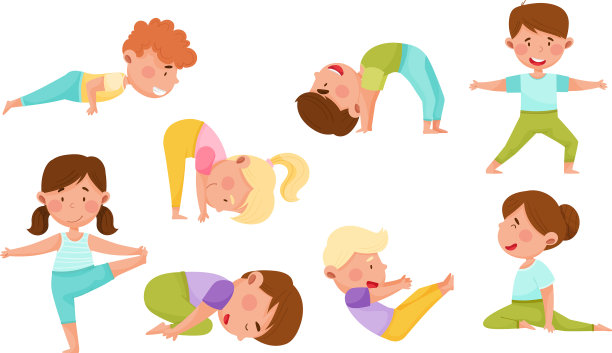 小男孩和小女孩站在瑜伽姿势图片下载