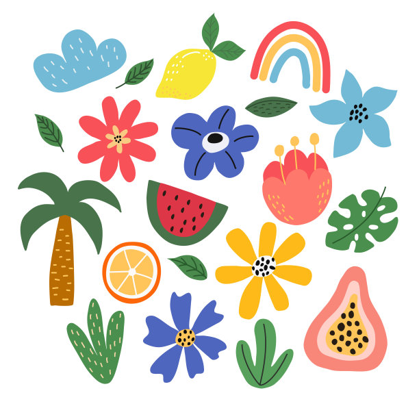 一组明亮美丽的热带元素上的白色背景，在矢量图形。适用于设计明信片、海报、笔记本封面、包装、枕头、杯子等印刷品图片下载