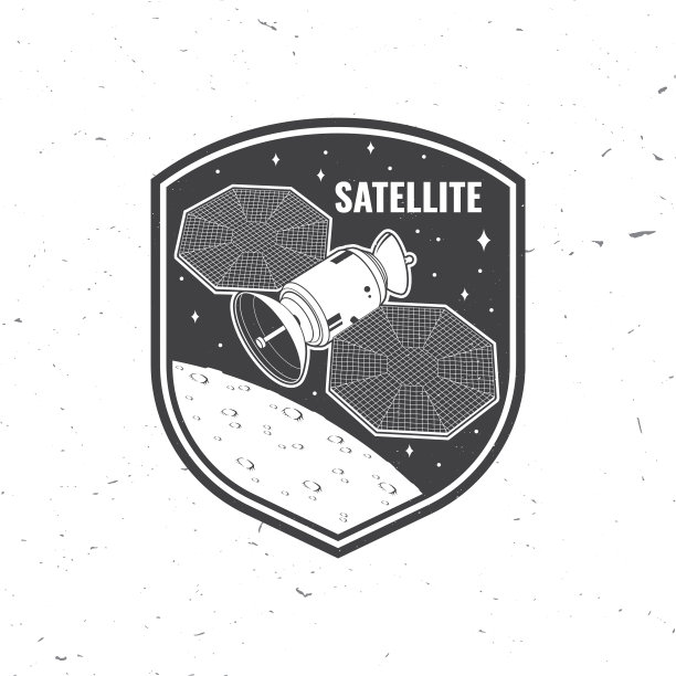 卫星标志，徽章，补丁。向量。概念衬衫，打印，邮票，覆盖或模板。复古的排版设计与太空卫星天线和火星剪影。图片下载