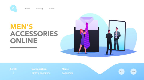 男士选择领带着陆页面模板。售货员帮助选择领带的商人站在商店的大镜子前图片下载