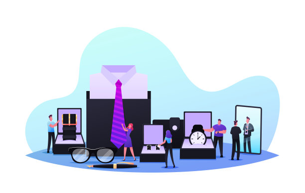 小男性角色购买配件的概念。男士选择时髦的铆钉，眼镜，领带，羽毛笔和手表在商店图片下载