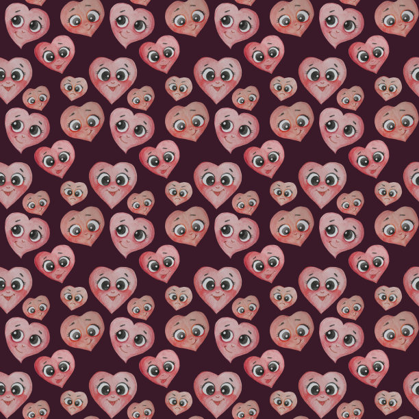 心无缝模式。在紫红色的背景下，可爱的心与不同的面孔和不同的情绪。水彩。用于设计和装饰，假日设计，纺织品和包装。可爱的插图图片下载