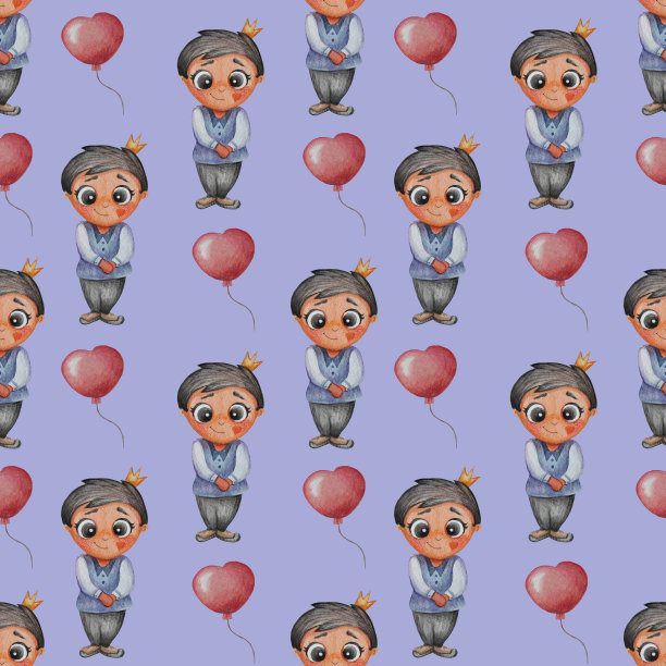 无缝模式。可爱的王子戴着王冠，蓝色背景，红色气球。水彩。孩子们的集合。手绘图片下载