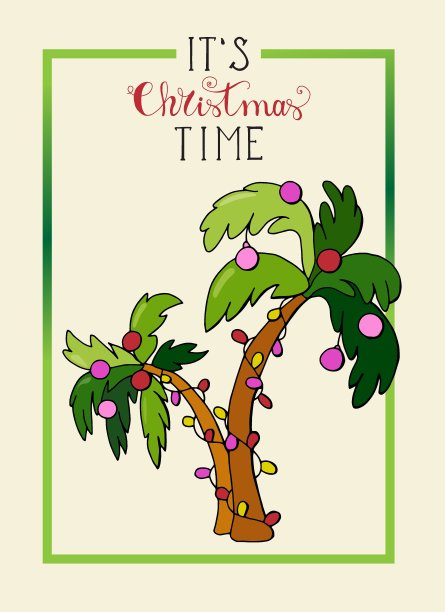 圣诞节和新年假期的明信片。棕榈树是圣诞树。碑文-圣诞节到了。图片下载