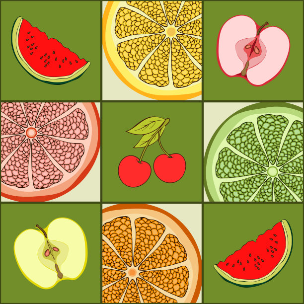 用水果、食物作背景、手绘的方格无缝图案。将苹果、西瓜片、葡萄柚、橙子、酸橙、柠檬和樱桃切成绿色方块。矢量图图片下载