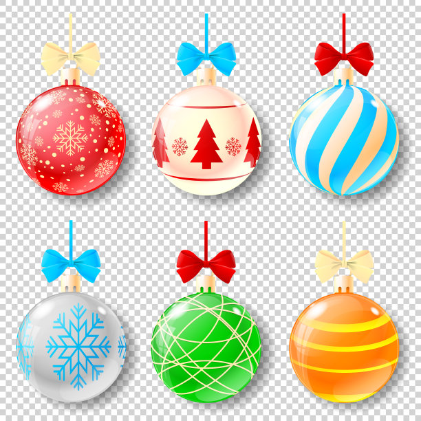 圣诞球设置在透明的背景。在平面设计中，球符号孤立在白色背景上。有雪花和不同图案的彩色圣诞球。向量预展图片下载