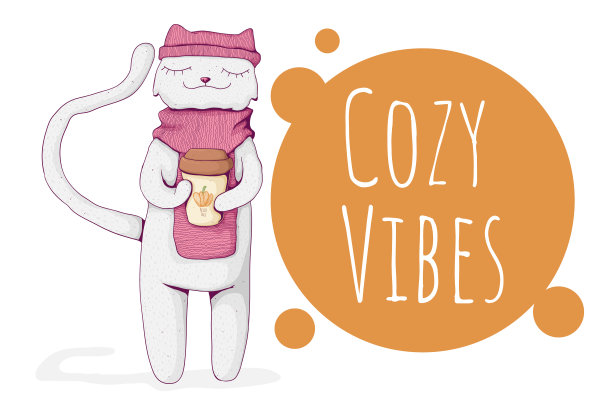 可爱的白猫戴着舒适的围巾和帽子，拿着南瓜拿铁杯。舒适的氛围。舒适的冬季或秋季概念。最适合印花、纺织或网织。图片下载