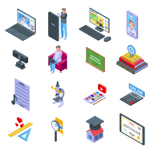 远程教育图标设置，等距样式图片下载
