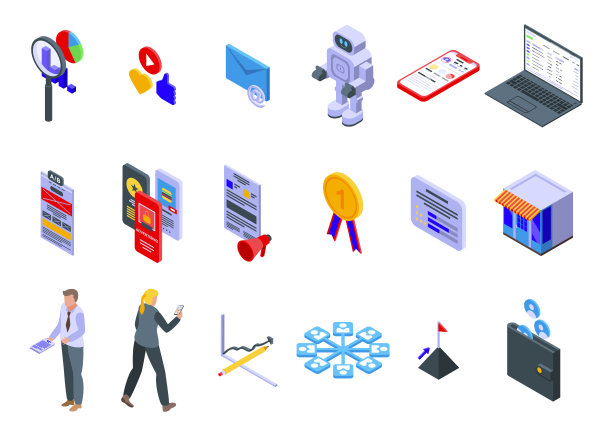 在线营销图标设置，等距风格图片下载