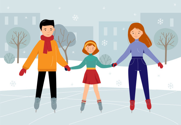 家人一起在公园的溜冰场。母亲，父亲和女儿滑冰。冬天的乐趣。平面设计的矢量插图。素材图片